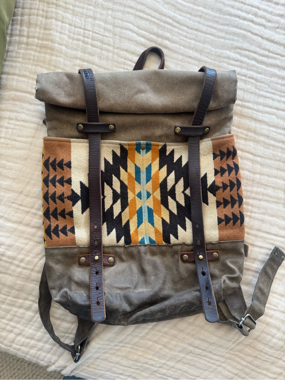 Canvas Roll-Top Backpack with Wool Aztec Pattern